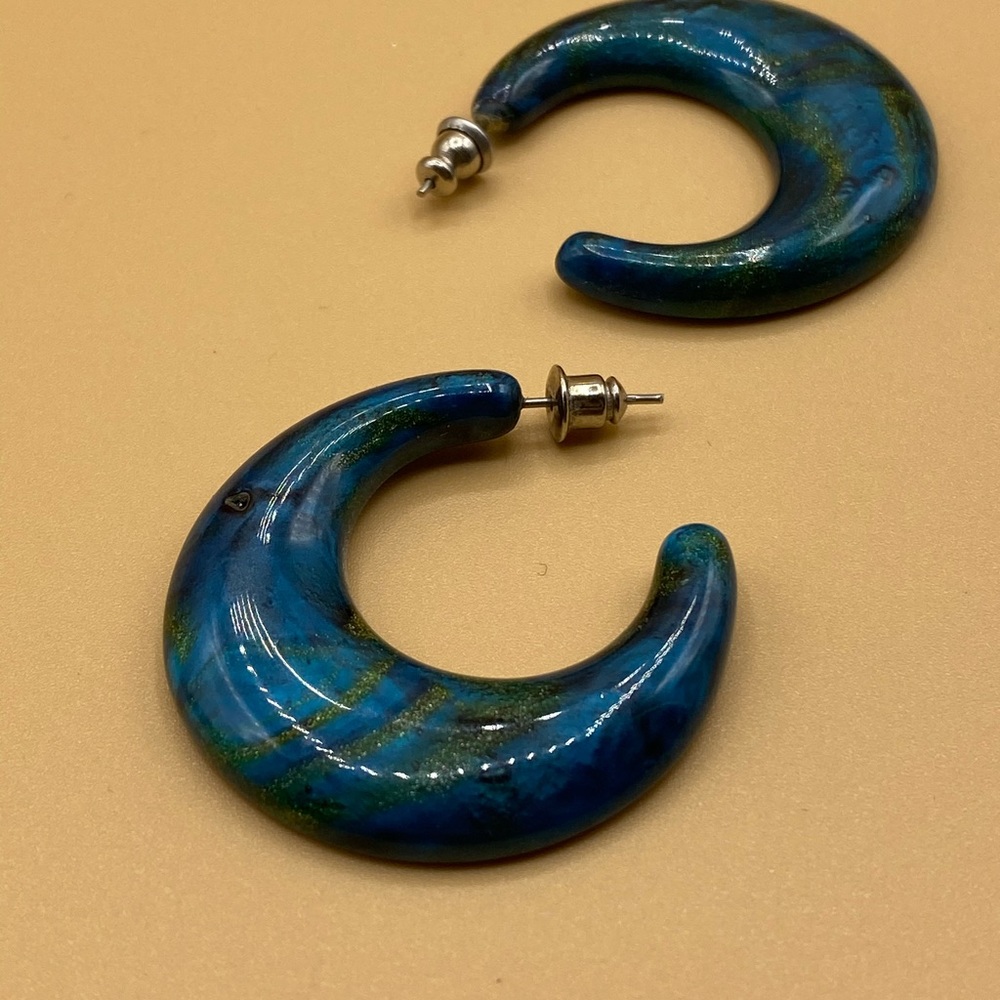 Vintage Blue Green Enamel Hoop Earrings